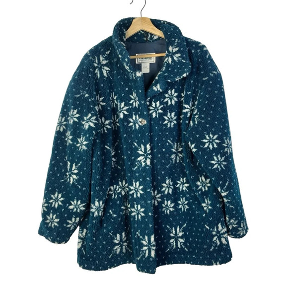 Vintage LL Bean Blue & White Snowflake Fleece Heavy Jacket XL - Picture 1 of 5
